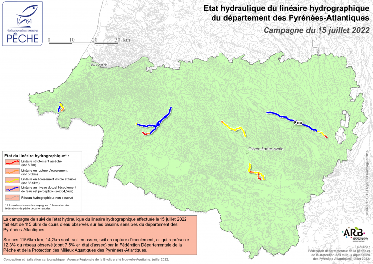 Etat hydraulique du linéaire hydrographique du département des Pyrénées-Atlantiques - Campagne du 15 juillet 2022