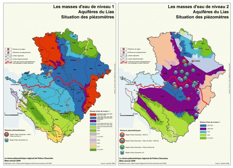 Situation des piézomètres des aquuifères du Lias dans les masses d'eau de niveau 1 et 2 en 2008