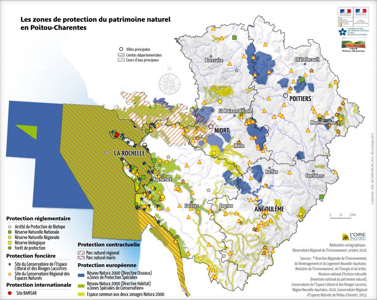 Les zones de protection du patrimoine naturel en Poitou-Charentes en 2016