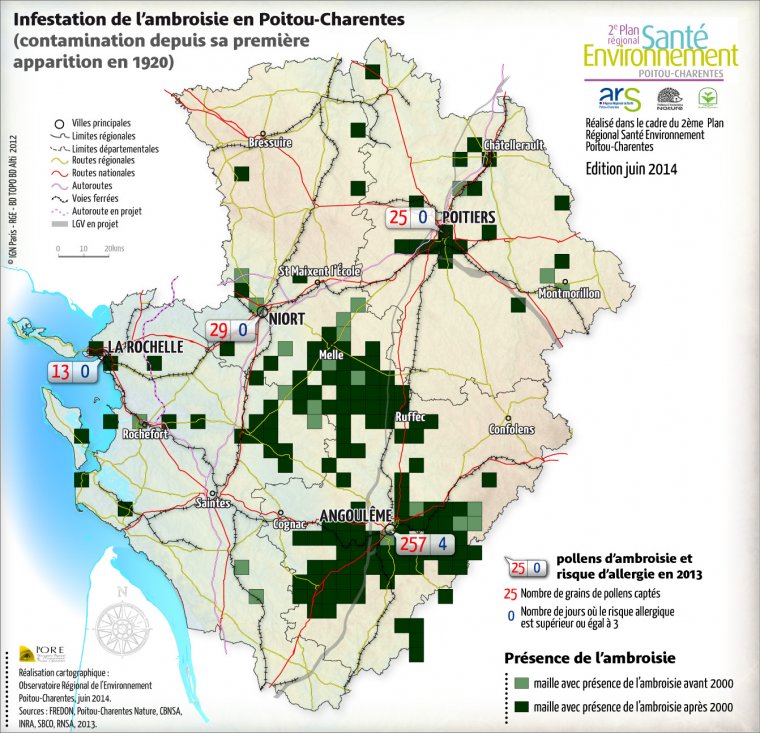 Infestation de l'ambroisie dans la Région Poitou-Charentes - Communes contaminées depuis sa première apparition en 1920 - édition 2014