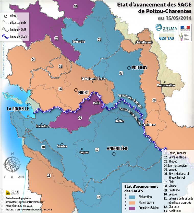 Etat d'avancement des SAGE de la région Poitou-Charentes en mai 2014