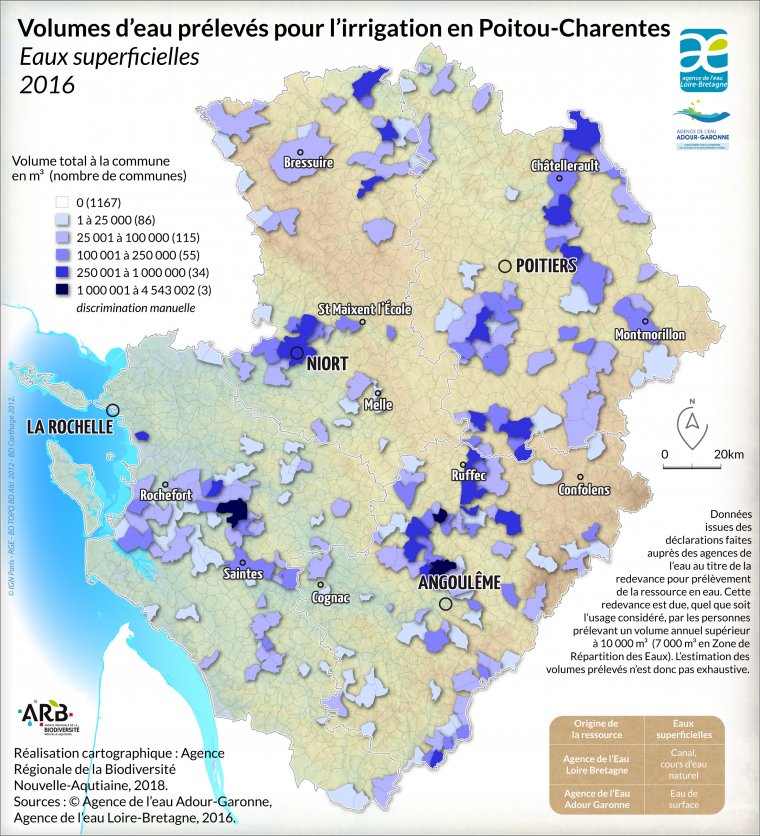 Volumes d'eau prélevés dans les eaux superficielles pour l'irrigation en Poitou-Charentes - année 2016