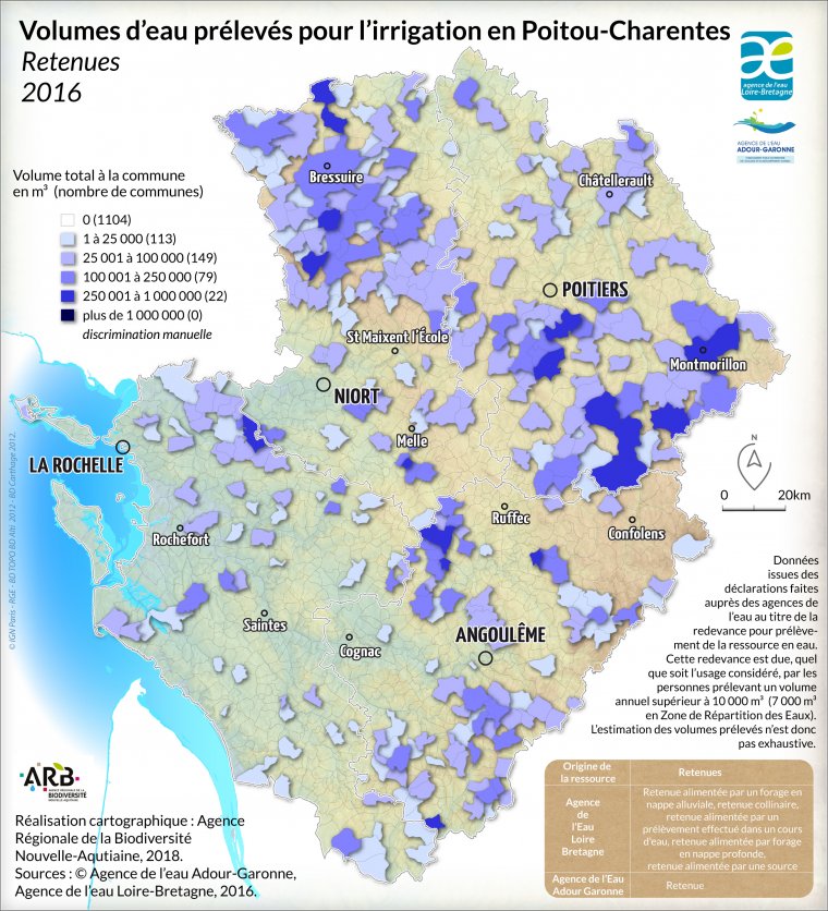 Volumes d'eau prélevés dans les retenues pour l'irrigation en Poitou-Charentes - année 2016