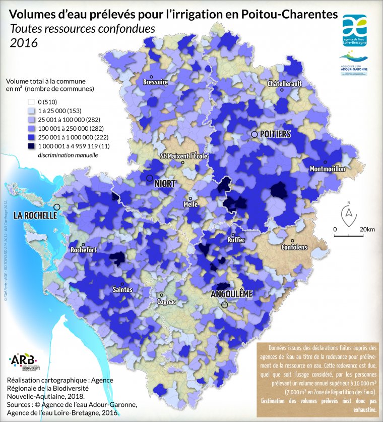 Volumes d'eau prélevés pour l'irrigation, toutes ressources confondues en Poitou-Charentes - année 2016