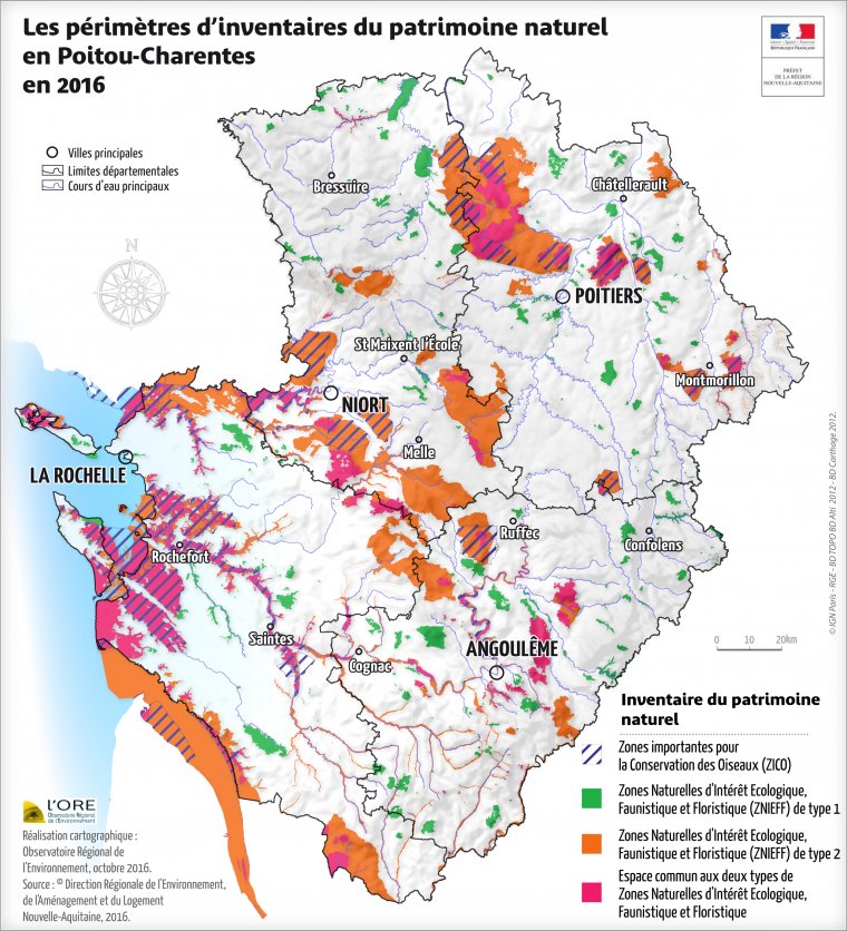 Les zones d'inventaires du patrimoine naturel (ZNIEFF I et II) en Poitou-Charentes en 2016
