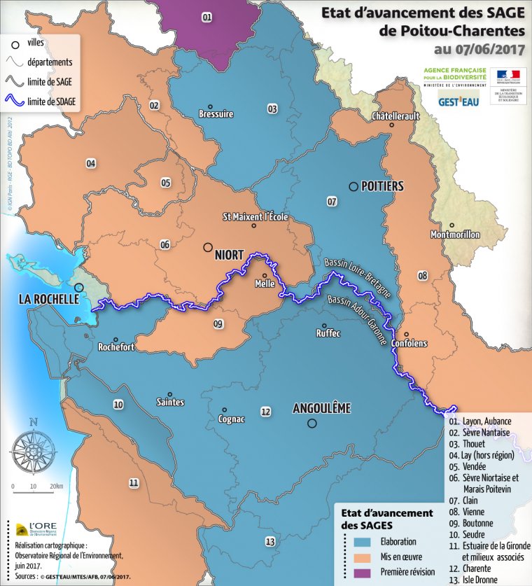 Etat d'avancement des SAGE en Poitou-Charentes en juin 2017