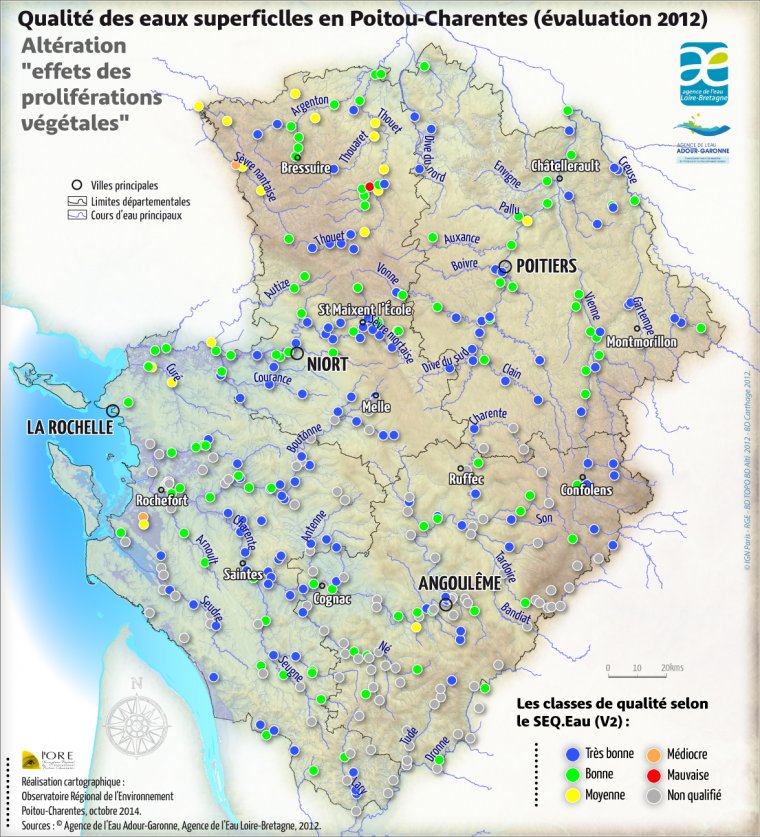 Qualité des eaux superficielles en Poitou-Charentes en 2012 - Altération "effets des proliférations végétales"