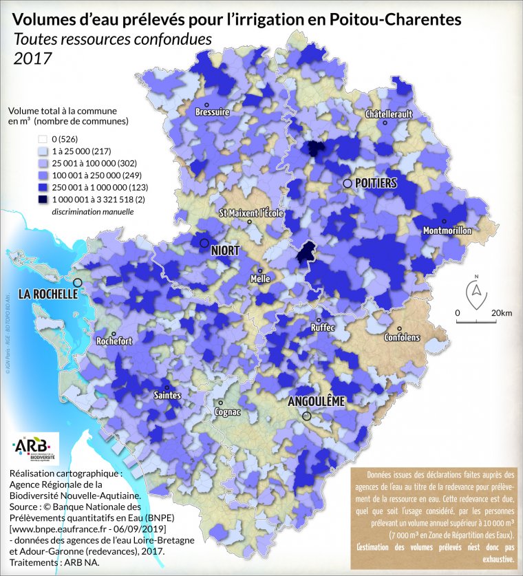 Volumes d'eau prélevés pour l'irrigation, toutes ressources confondues en Poitou-Charentes - année 2017
