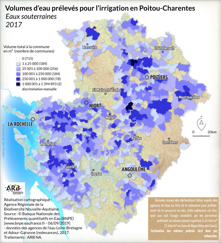 Volumes d'eau prélevés pour l'irrigation dans les eaux souterraines en Poitou-Charentes - année 2017