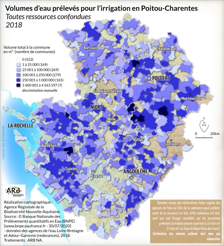 Volumes d'eau prélevés pour l'irrigation, toutes ressources confondues en Poitou-Charentes - année 2018