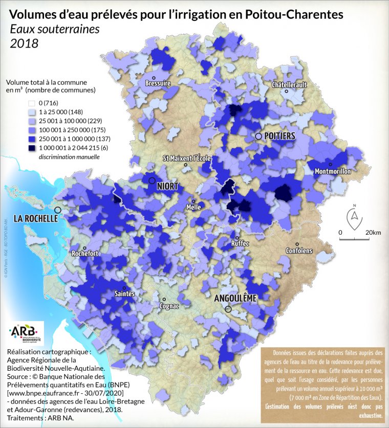 Volumes d'eau prélevés pour l'irrigation, eaux souterraines en Poitou-Charentes - année 2018