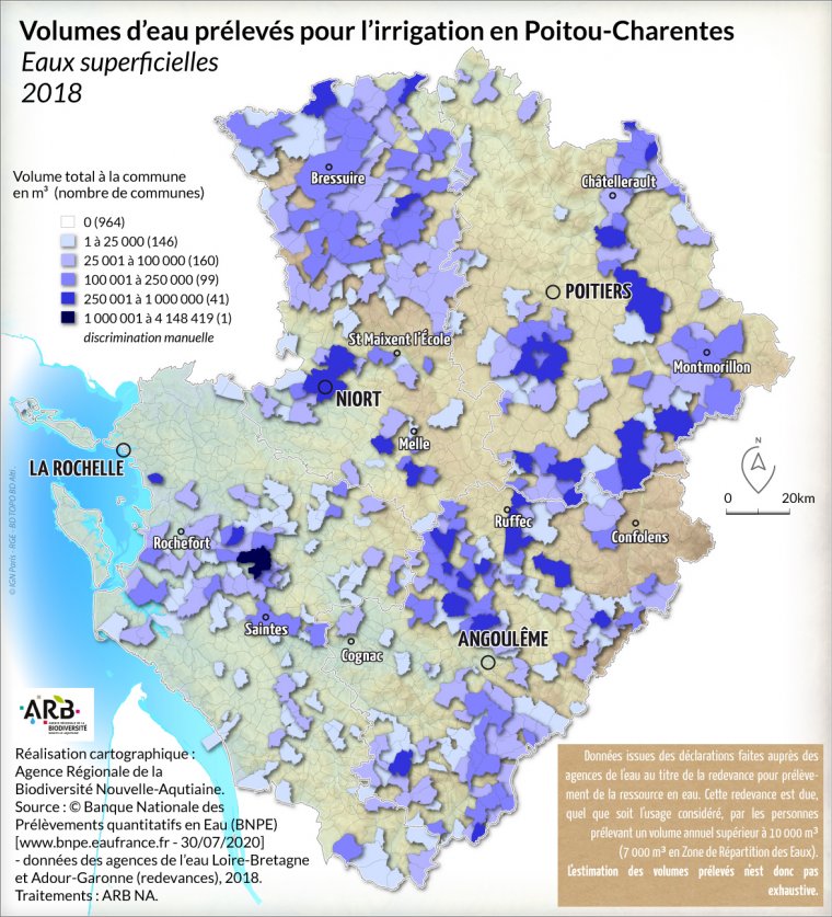 Volumes d'eau prélevés pour l'irrigation, eaux superficielles en Poitou-Charentes - année 2018
