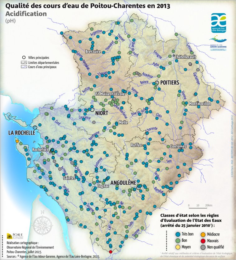 Qualité des cours d'eau de Poitou-Charentes en 2013 - État des points de mesure vis-à-vis de l'acidification