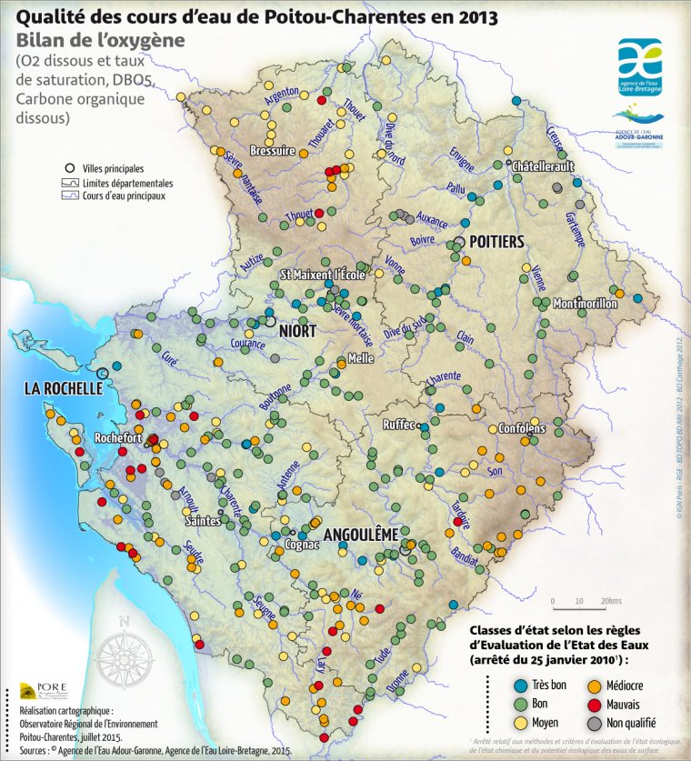 Qualité des cours d'eau de Poitou-Charentes en 2013 - État des points de mesure vis-à-vis du bilan de l'oxygène