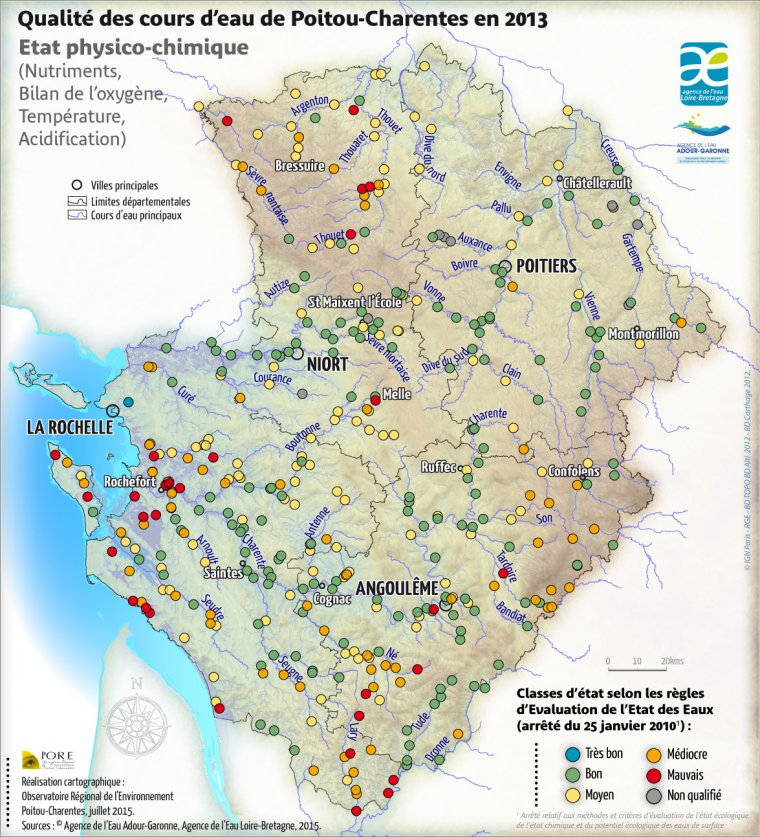Qualité des cours d'eau de Poitou-Charentes en 2013 - État physico-chimique des points de mesure