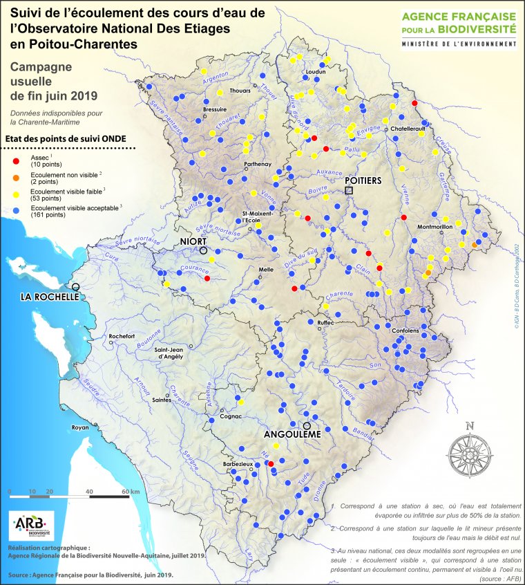 Suivi de l'écoulement des cours d'eau de l'Observatoire National Des Étiages en Poitou-Charentes - Campagne usuelle de fin juin 2019