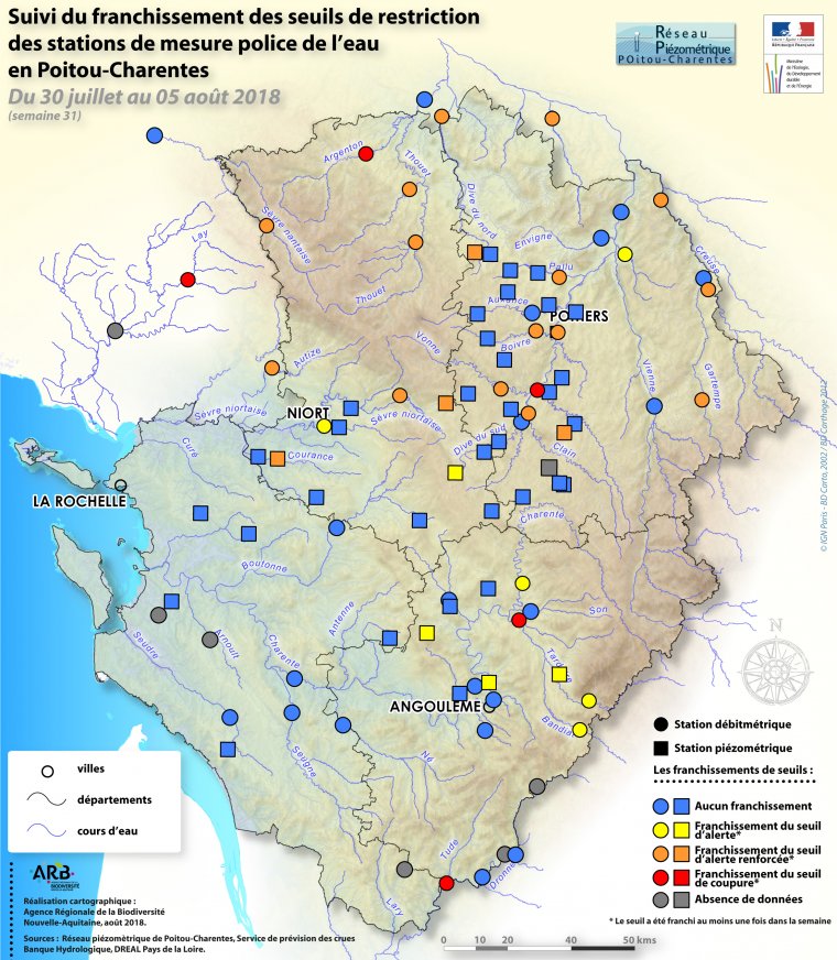 Suivi du franchissement des seuils de restriction des stations de mesure police de l'eau en Poitou-Charentes, du 30 juillet au 05 août 2018