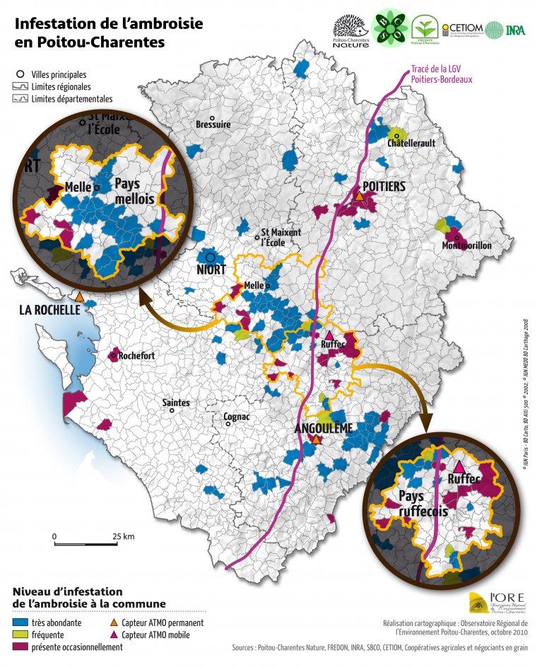 Infestation de l'ambroisie dans la Région Poitou-Charentes - Communes contaminées depuis sa première apparition en 1920 