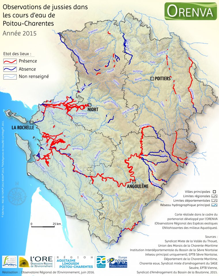 Observations des jussies dans les cours d'eau de Poitou-Charentes en 2015