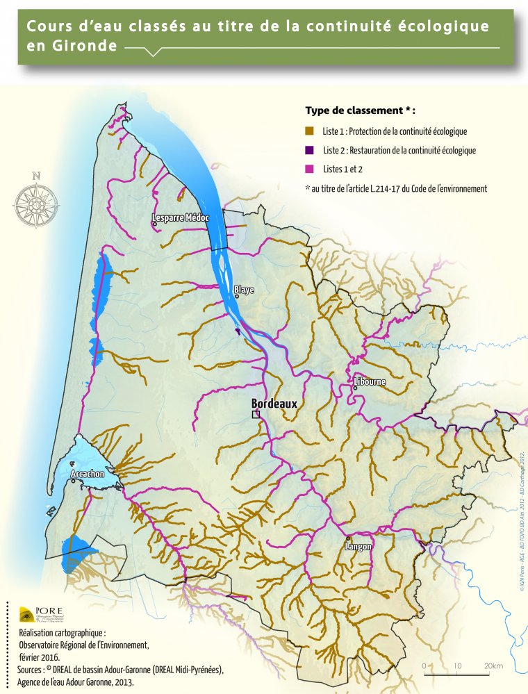 Les cours d'eau classés au titre de la continuité écologique en Gironde