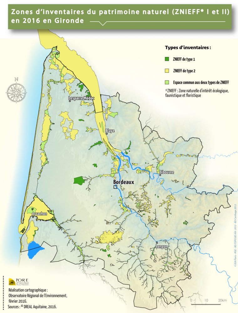 Les zones d'inventaires du patrimoine naturel (ZNIEFF I et II) en Gironde en 2016
