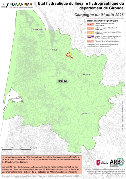Etat hydraulique du linéaire hydrographique du département de la Gironde - Campagne du 1er août 2026
