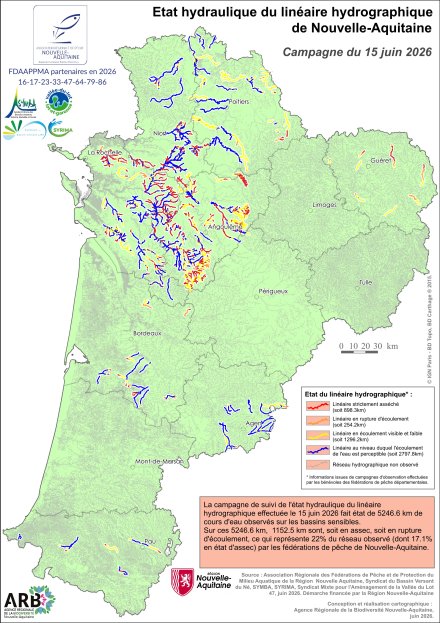 Etat hydraulique du linéaire hydrographique de la région Nouvelle-Aquitaine - Campagne du 15 juin 2026