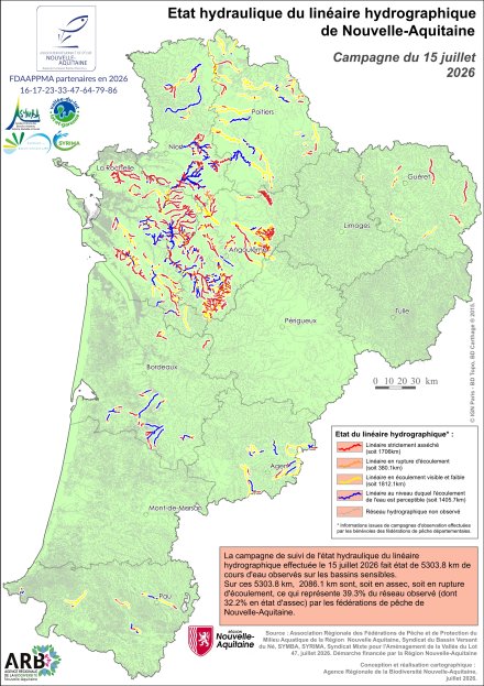 Etat hydraulique du linéaire hydrographique de la région Nouvelle-Aquitaine - Campagne du 15 juillet 2026