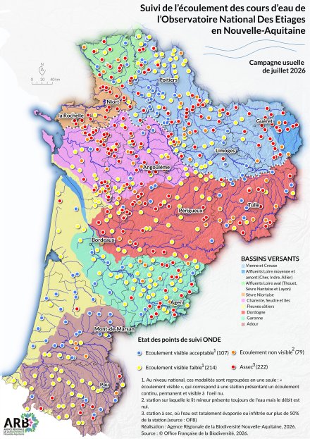 Suivi de l'écoulement des cours d'eau de l'Observatoire National Des Étiages (ONDE) en Nouvelle-Aquitaine - Campagne usuelle de fin juillet 2026