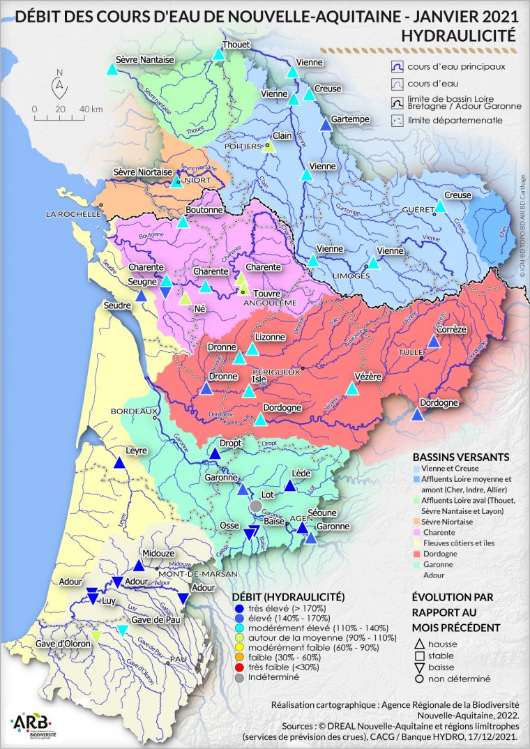 Débit des cours d'eau de Nouvelle-Aquitaine - janvier 2021 - Hydrolicité