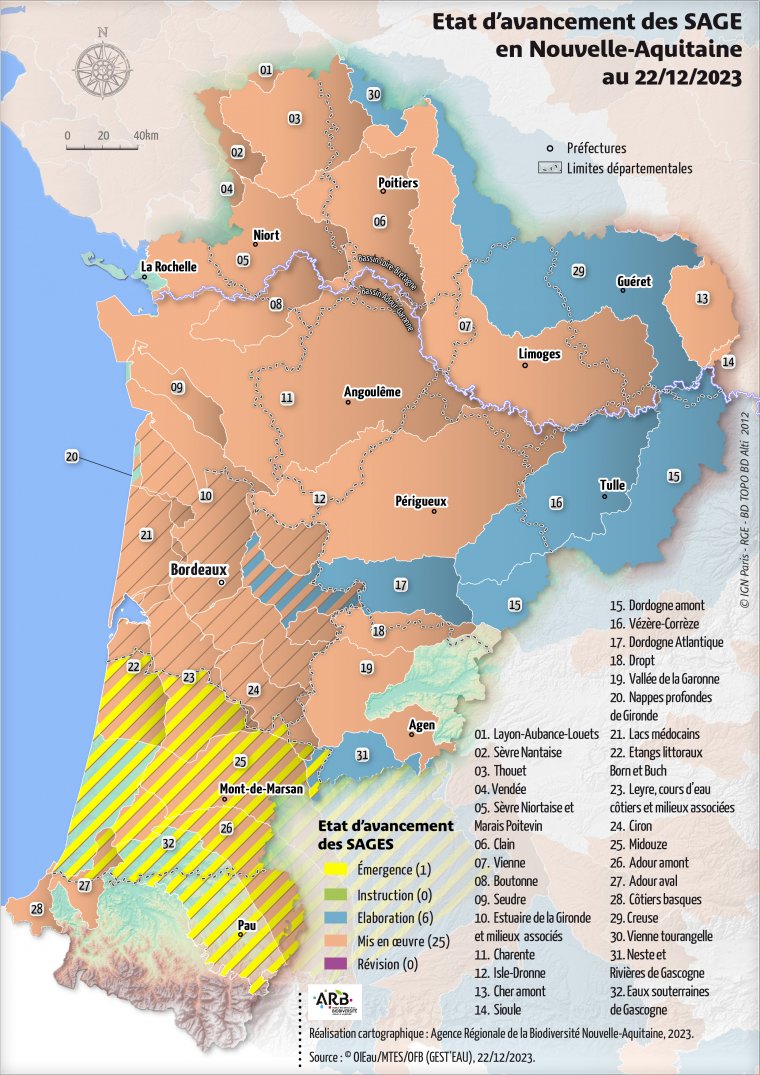 Etat d'avancement des SAGE de la région Nouvelle-Aquitaine en décembre 2023