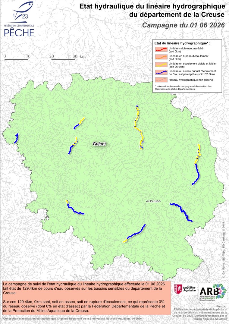 Etat hydraulique du linéaire hydrographique du département de la Creuse - Campagne du 1er juin 2026