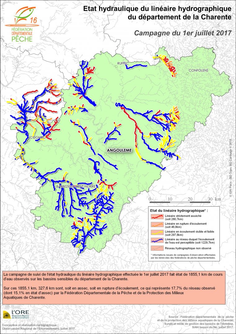 Etat hydraulique du linéaire hydrographique du département de la Charente - Campagne du 1er juillet 2017
