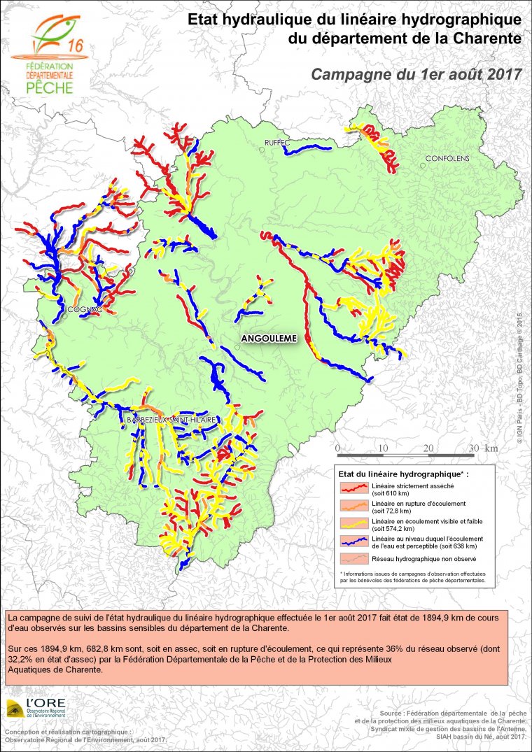 Etat hydraulique du linéaire hydrographique du département de la Charente - Campagne du 1er août 2017