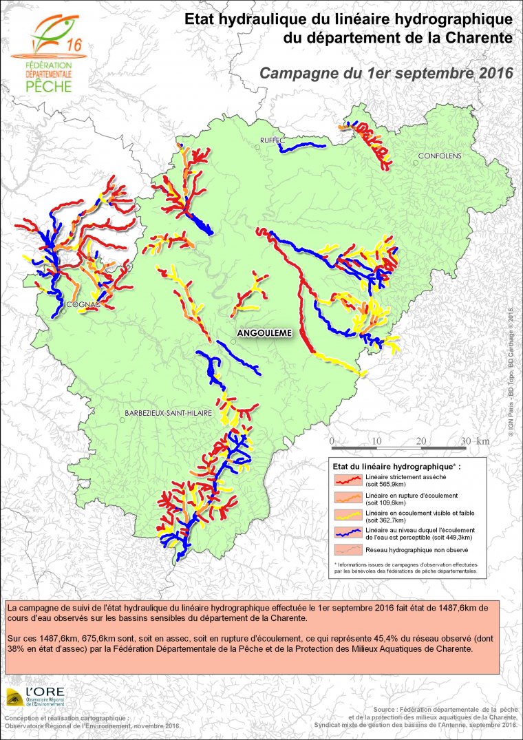 Etat hydraulique du linéaire hydrographique du département de la Charente - Campagne du 1er septembre 2016