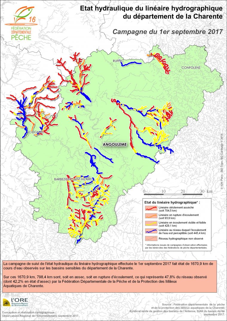 Etat hydraulique du linéaire hydrographique du département de la Charente - Campagne du 1er septembre 2017