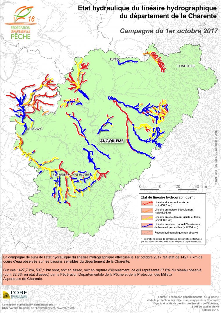 Etat hydraulique du linéaire hydrographique du département de la Charente - Campagne du 1er octobre 2017