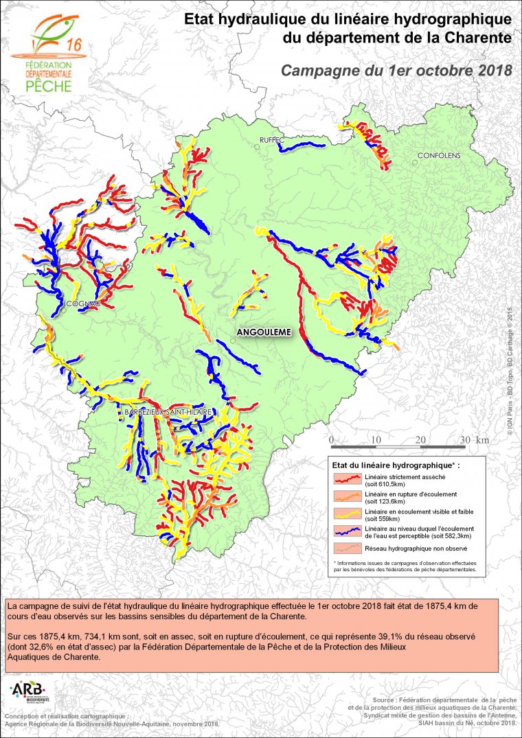 Etat hydraulique du linéaire hydrographique du département de la Charente - Campagne du 1er octobre 2018