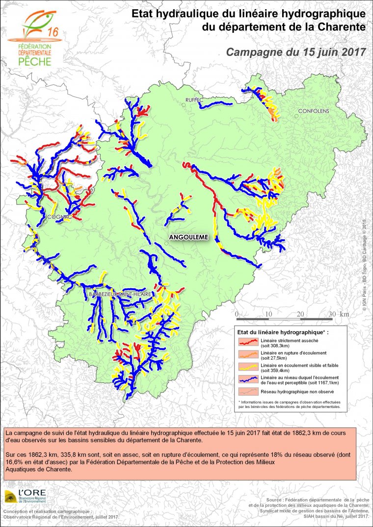 Etat hydraulique du linéaire hydrographique du département de la Charente - Campagne du 15 juin 2017