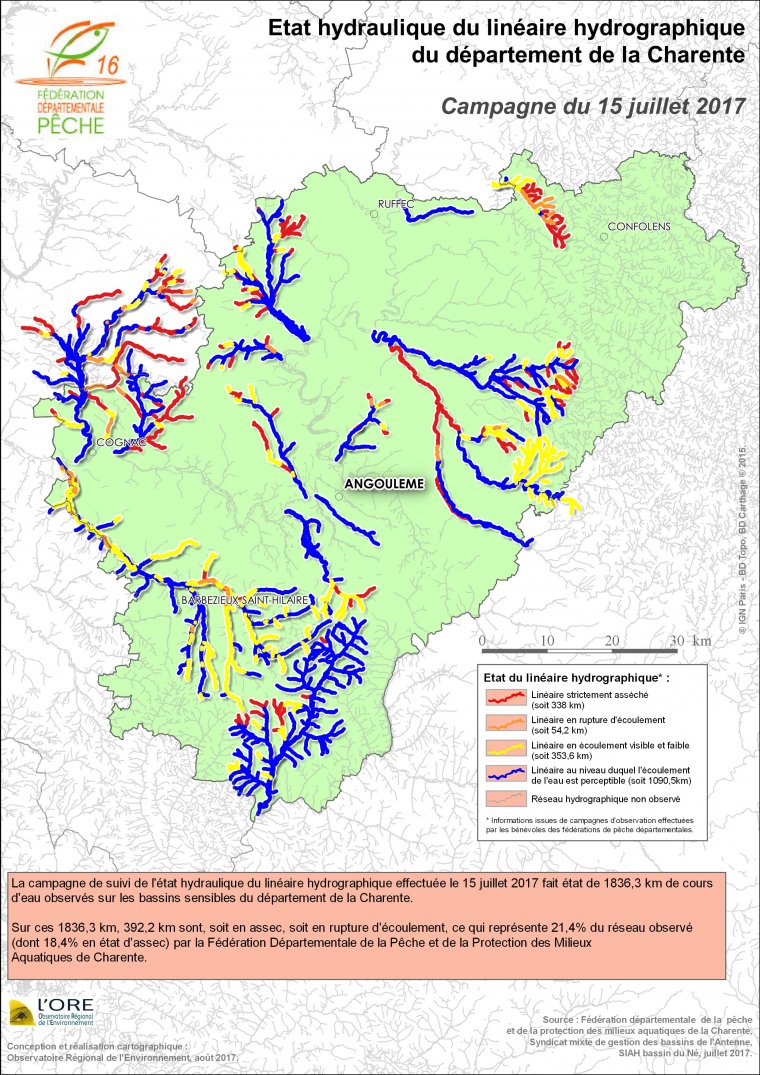 Etat hydraulique du linéaire hydrographique du département de la Charente - Campagne du 15 juillet 2017