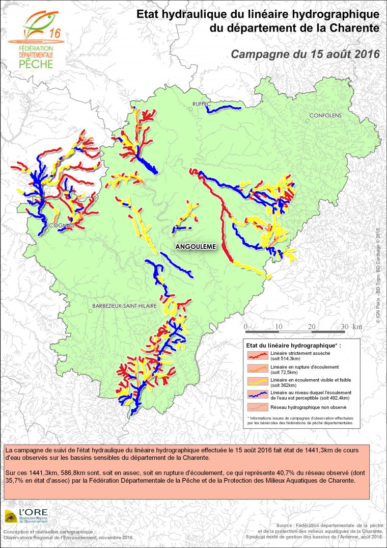 Etat hydraulique du linéaire hydrographique du département de la Charente - Campagne du 15 août 2016