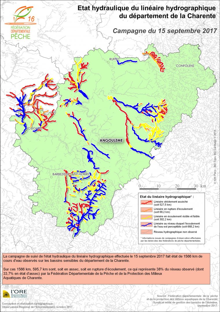 Etat hydraulique du linéaire hydrographique du département de la Charente - Campagne du 15 septembre 2017