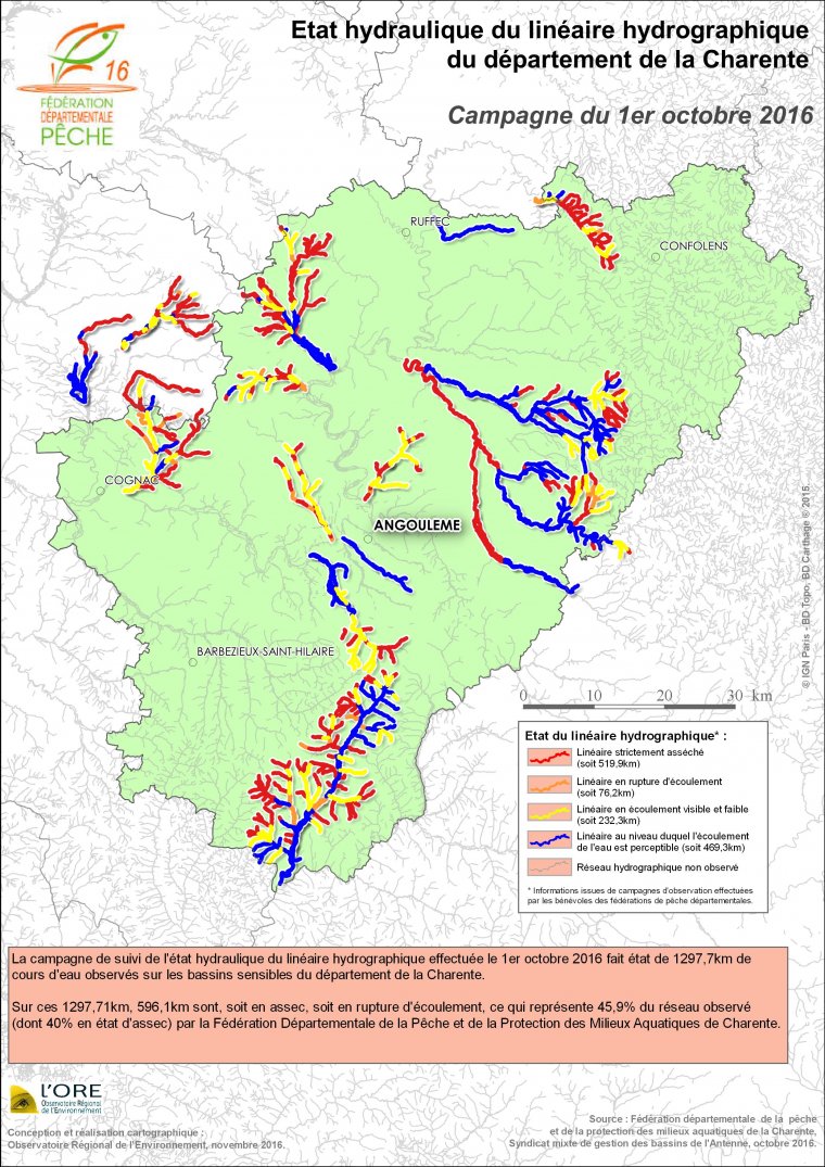 Etat hydraulique du linéaire hydrographique du département de la Charente - Campagne du 1er octobre 2016