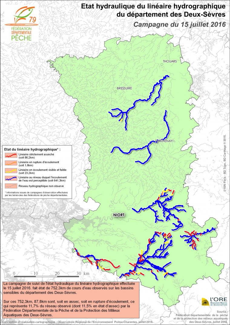 Etat hydraulique du linéaire hydrographique du département des Deux-Sèvres - Campagne du 15 juillet 2016