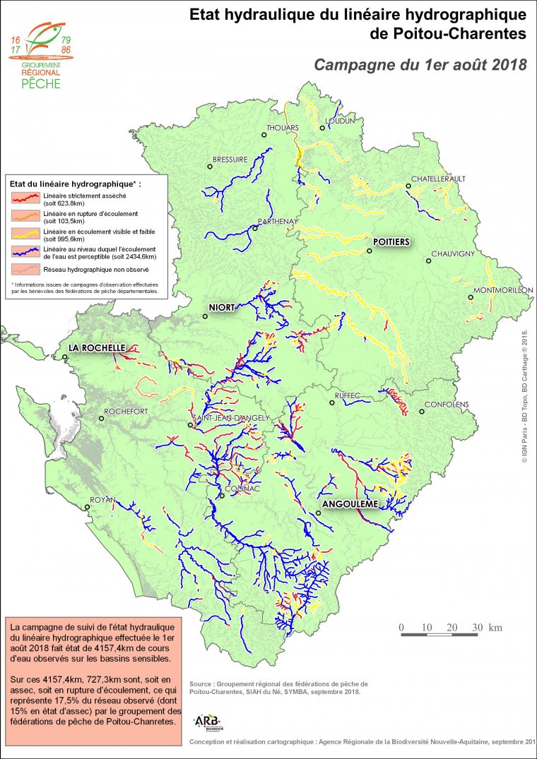 Etat hydraulique du linéaire hydrographique du Poitou-Charentes - Campagne du 1er août 2018
