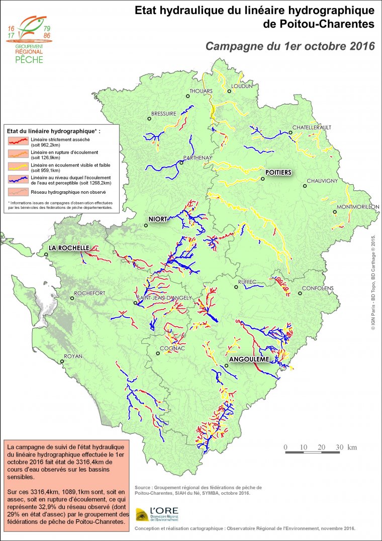 Etat hydraulique du linéaire hydrographique en Poitou-Charentes - Campagne du 1er octobre 2016