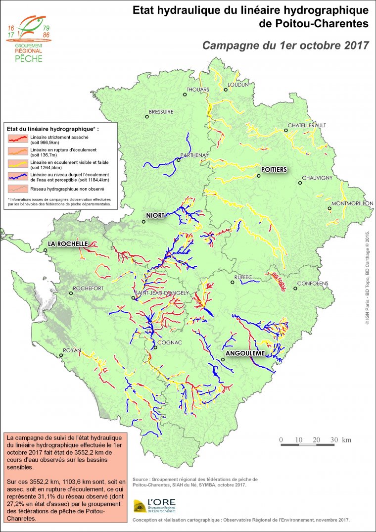 Etat hydraulique du linéaire hydrographique du Poitou-Charentes - Campagne du 1er octobre 2017