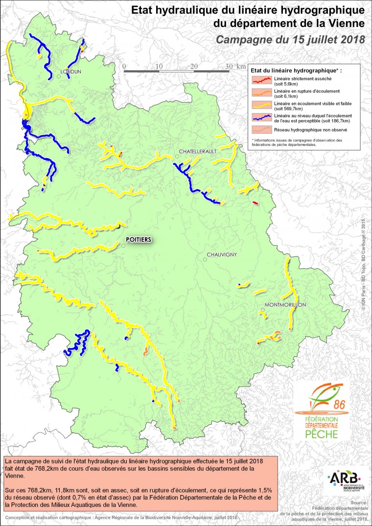 Etat hydraulique du linéaire hydrographique du département de la Vienne - Campagne du 15 juillet 2018