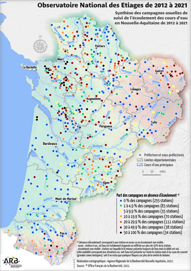 Observatoire National des Etiages - Synthèse des campagnes usuellesde suivi de l'écoulement des cours d'eau en Nouvelle-Aquitaine de 2012 à 2021