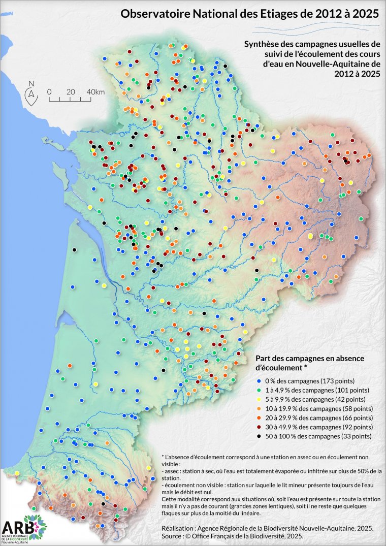 Observatoire National des Etiages - Synthèse des campagnes usuelles de suivi de l'écoulement des cours d'eau en Nouvelle-Aquitaine de 2012 à 2025